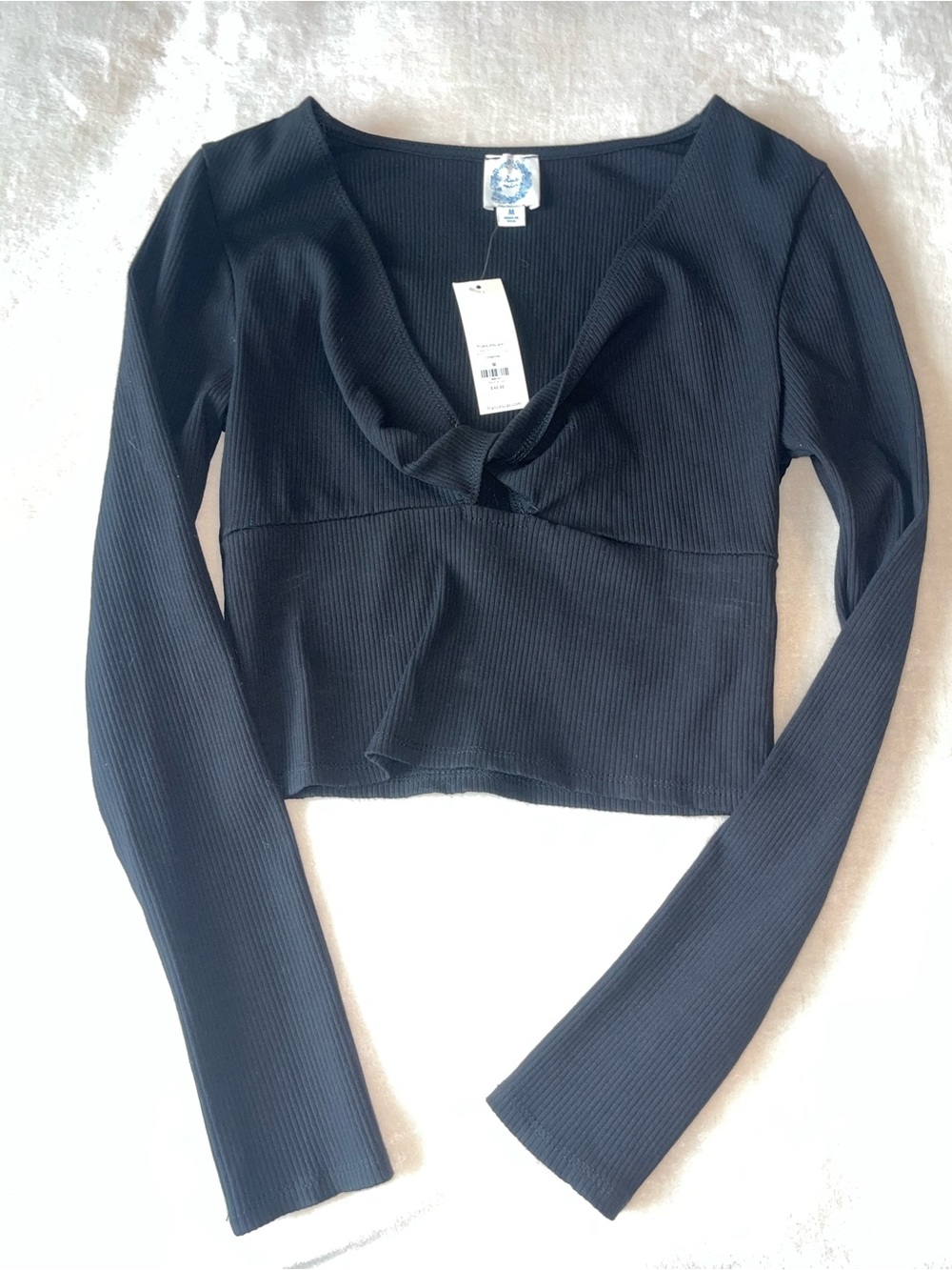 Francesca's Collections Blue Rain Black Ribbed Long-Sleeve Twist Front Top NWT
